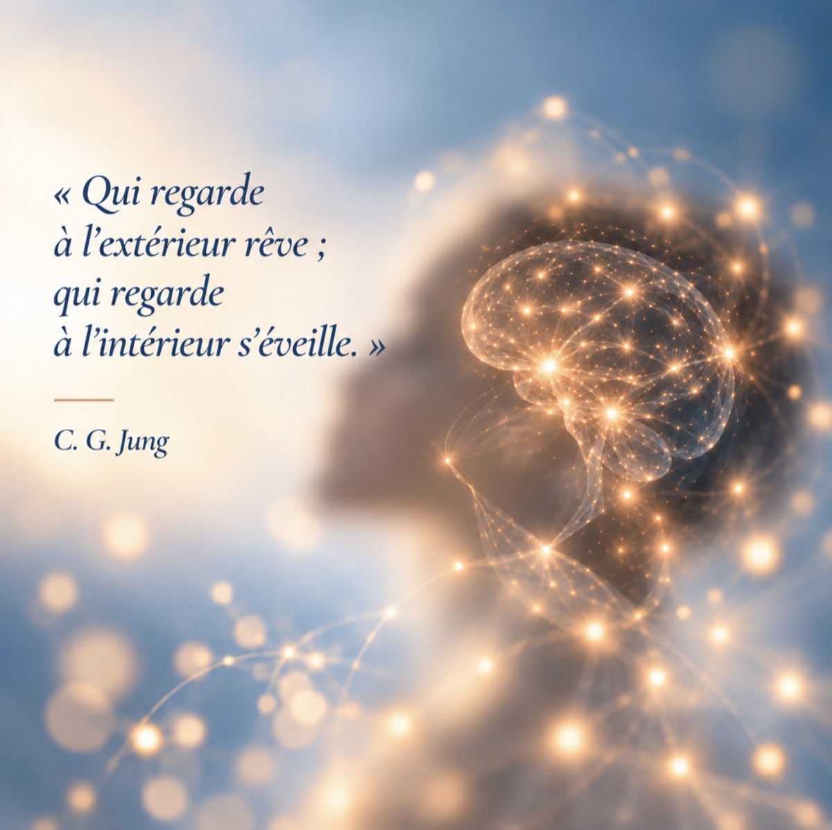 Silhouette et constellation lumineuse, citation de Carl Gustav Jung : qui regarde à l'extérieur rêve, qui regarde à l'intérieur s'éveille